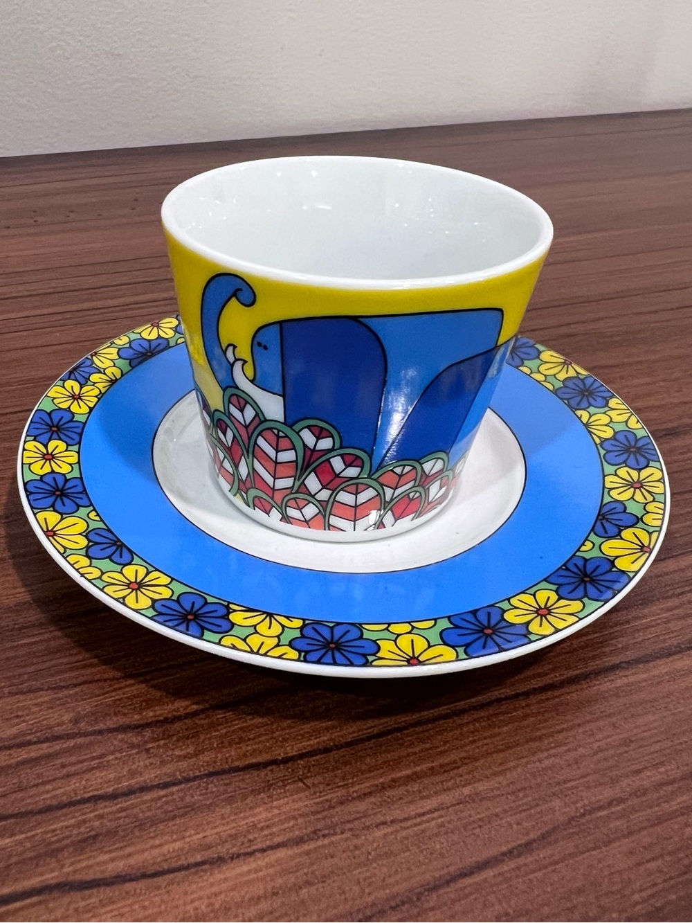 Porcellane Tognana Italy Espresso Cup & Saucer Blue Elephant Floral Vintage